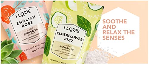I Love English Rose Scented Bath Salts - Relaxing, Hydrating Bath Soak - Rose Bath Salts with Natural Fruit Extracts - Skin-Softening - 17.6 oz Beauty and Personal Care I LOVE