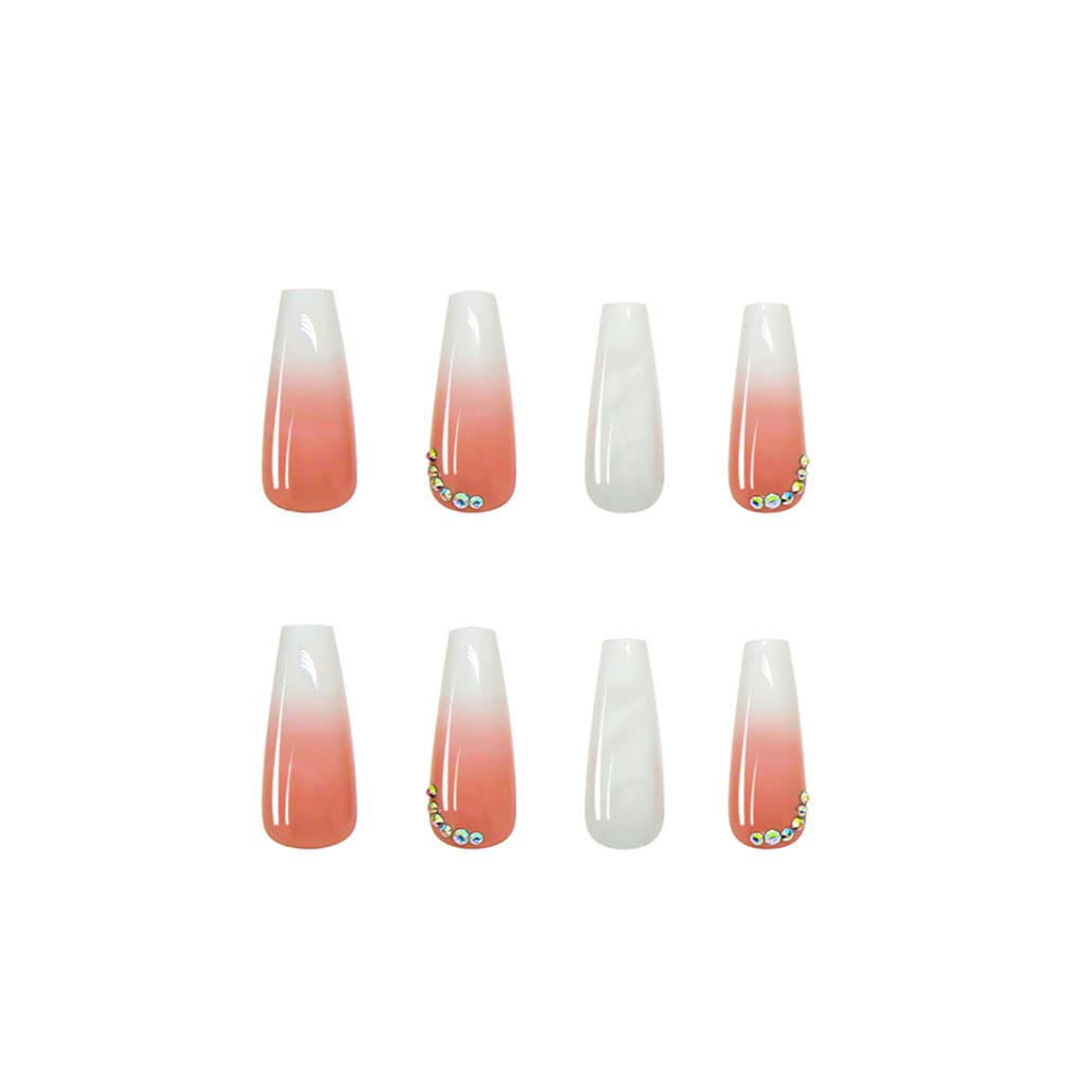 Foccna Gradient Pink Press on Nails Coffin Long Fake Nails Bling False Nails Rhinestone Design White Nails Full Cover False Nail Tips 24 pcs Beauty & Personal Care Foccna