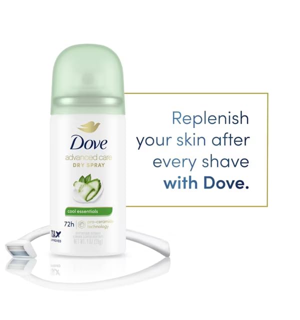 Dove Advanced Care Cool Essentials Antiperspirant & Deodorant Dry Spray Travel Size 1 oz - Mini, 72 Hour Protection, Pro-Ceramide Technology, Cool Beauty and Personal Care Dove