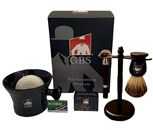 G.B.S Men's Premium 5 Piece Set- Double Edge Shaving Razor with Black Rubber Coated Handle, Shaving Mug, Synthetic Brush, Dual stand for Brush & Razor Beauty and Personal Care G.B.S