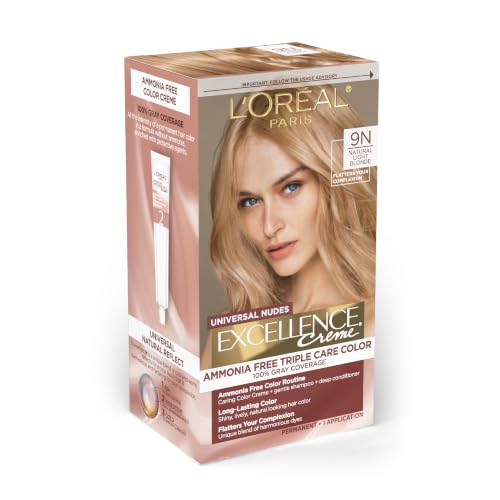 L’Oreal Paris Excellence Universal Nudes Permanent Hair Color, Ammonia Free Hair Dye for Gray Hair Coverage, 9N Natural Light Blonde, 1 Hair Dye Kit