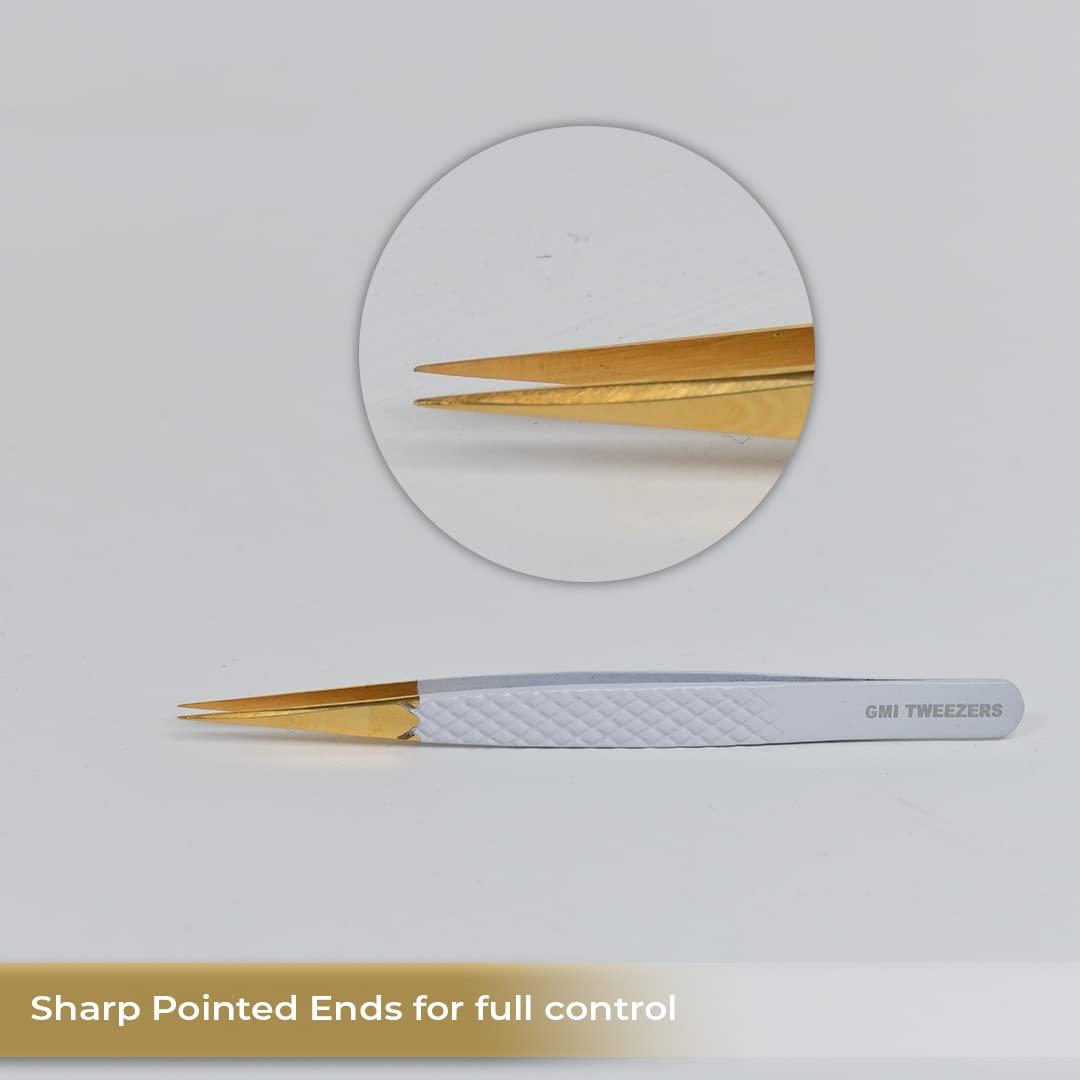 2pcs White Straight and L-Shaped (Boot) Gold Pointed Eyelash Tweezers for Lash Extension - Stainless Steel Precision Tweezers for Volume and Classic Beauty & Personal Care GMI TWEEZERS