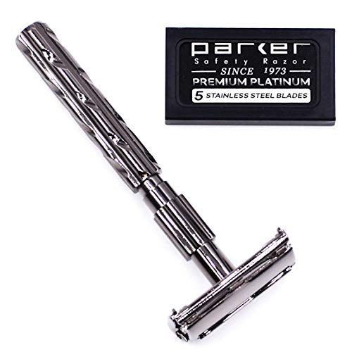 Parker 22R Long Handle Safety Razor - Gunmetal Twist-to-Open Butterfly Design, Heavyweight Brass Frame with Knurled Grip - Includes 5 Platinum Double Beauty and Personal Care Parker Safety Razor