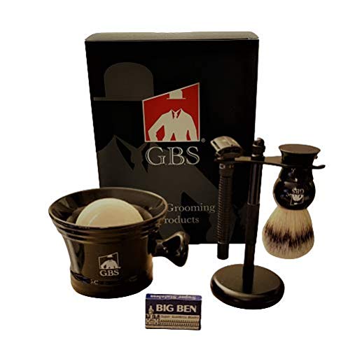 G.B.S Men's Grooming Set - Double Edge Safety Razor Rubber Coated Butterfly Non-Slip Long Razor, All-Natural Soap, Synthetic Brush Stand, Ceramic Mug Beauty and Personal Care G.B.S