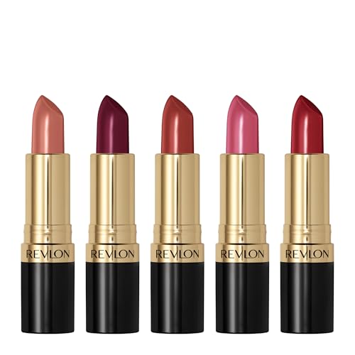 REVLON Super Lustrous Lipstick Gift Set, 5-Piece, Creamy Formula, Moisturized Feel, 755 Bare It All, 477 Black Cherry, 535 Rum Raisin, 805 Candied Beauty & Personal Care REVLON