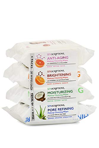 Spascriptions™ Anti-Aging, Brightening, Moisturizing & Pore Refining Towelettes Removes Waterproof Makeup, Revives with Collagen, Vitamin C, Coconut Beauty & Personal Care Global Beauty Care