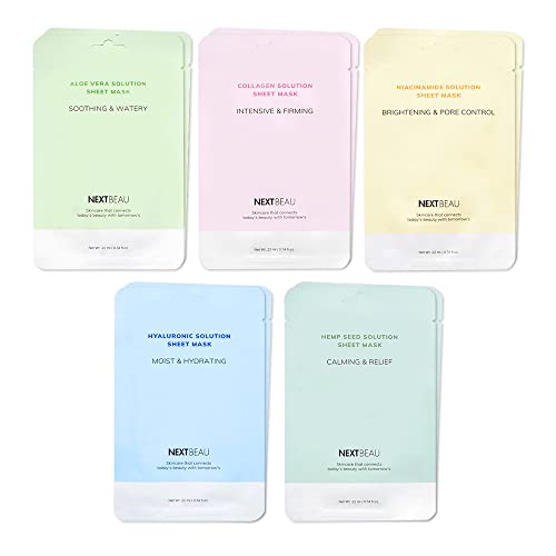 NEXTBEAU Solution Sheet Mask Variety Pack, 10 Count (5 Types x 2 Sheets), 0.74 fl oz Each, Korean Facial Sheet Masks for Daily Skincare Beauty and Personal Care NEXTBEAU Default Title