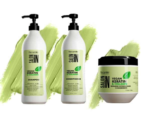 Salon In by Recamier | Vegan Keratin & Collagen 3-Piece Hair Set with Shampoo (33.8 fl oz / 1000 ml), Conditioner (33.8 fl oz / 1000 ml), and Recharge Beauty & Personal Care RECAMIER PROFESSIONAL SALON IN