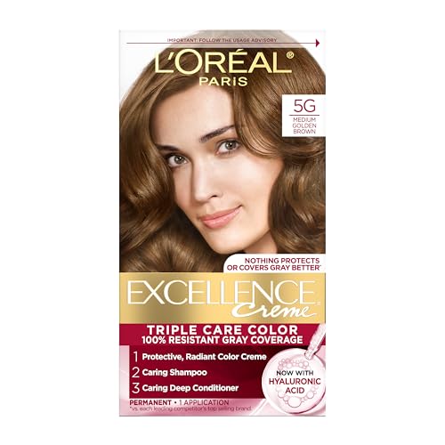L'Oreal Paris Excellence Crème Permanent Hair Dye, Triple Care Hair Color with Pro-Keratine Complex for 100% Gray Hair Coverage, 5G Medium Golden Beauty & Personal Care L'Oreal Paris