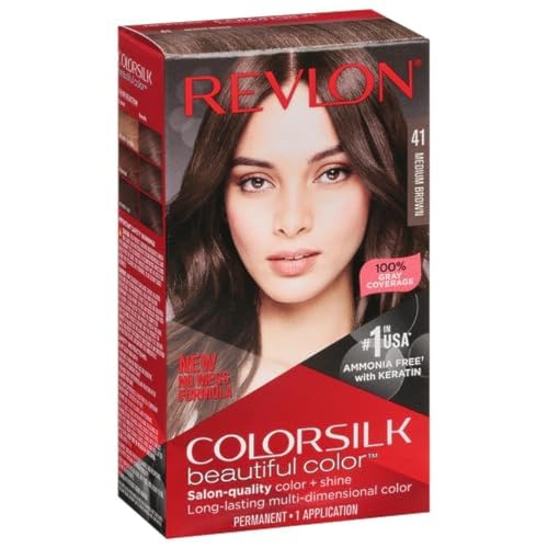 Permanent Hair Color by Revlon, Permanent Hair Dye, Colorsilk with 100% Gray Coverage, Ammonia-Free, Keratin and Amino Acids, 41 Medium Brown, 4.4 Oz Beauty & Personal Care REVLON