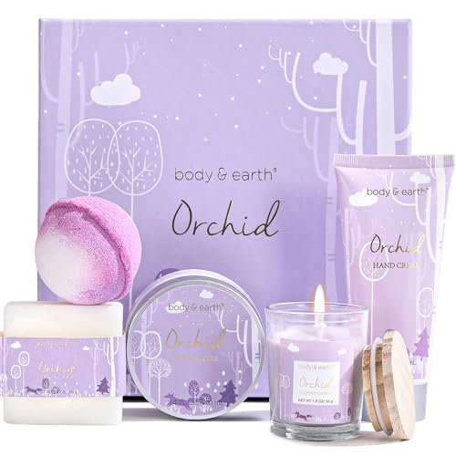 Spa Gifts for Women, Body & Earth 5 Pcs Gifts for Women Orchid Gift Sets, Bath and Body Womens Bath Gifts, Mothers Day Gift Beauty and Personal Care BODY & EARTH
