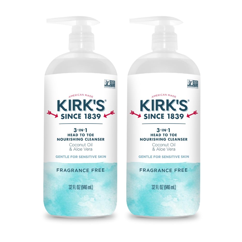 Kirk's Fragrance Free 3-in-1 Nourishing Cleanser, Shampoo Body Wash Bubble Bath, Coconut Oil and Aloe Vera, Vegan Non-GMO, 32 Fl Oz, Pack of 2 Beauty & Personal Care Kirk's