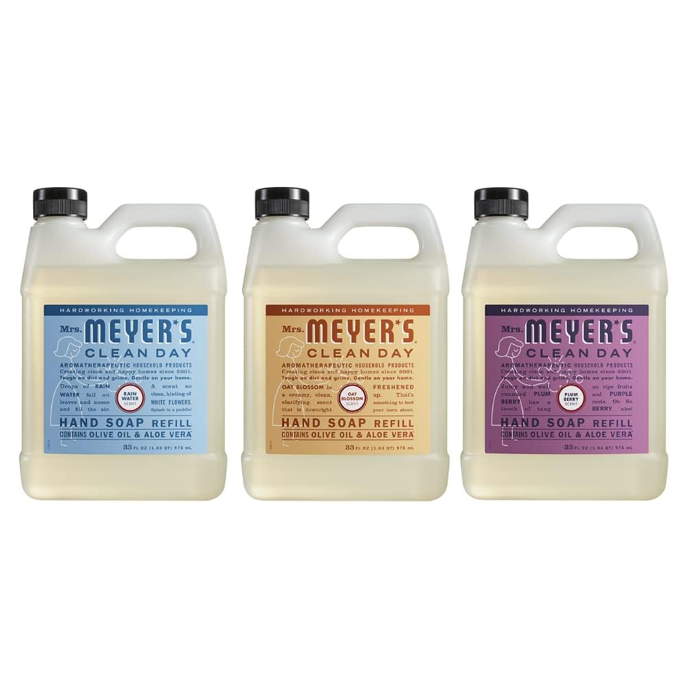 Meyers Mrs Clean Day Liquid Hand Soap Refill Variety Pack, 1 Rain Water, 1 Oat Blossom, 1 Plum Berry, 33 FL OZ (3 CT) Beauty & Personal Care Mrs. MEYER'S