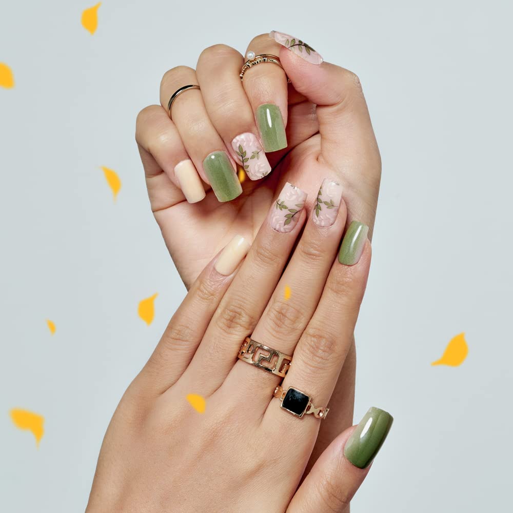Press on Nails Medium Short Square GLAMERMAID, Amber Green Ferns Fake Nails with Design Cute Acrylic False Nail Kits Stick Glue on Nails Sets Beauty & Personal Care GLAMERMAID