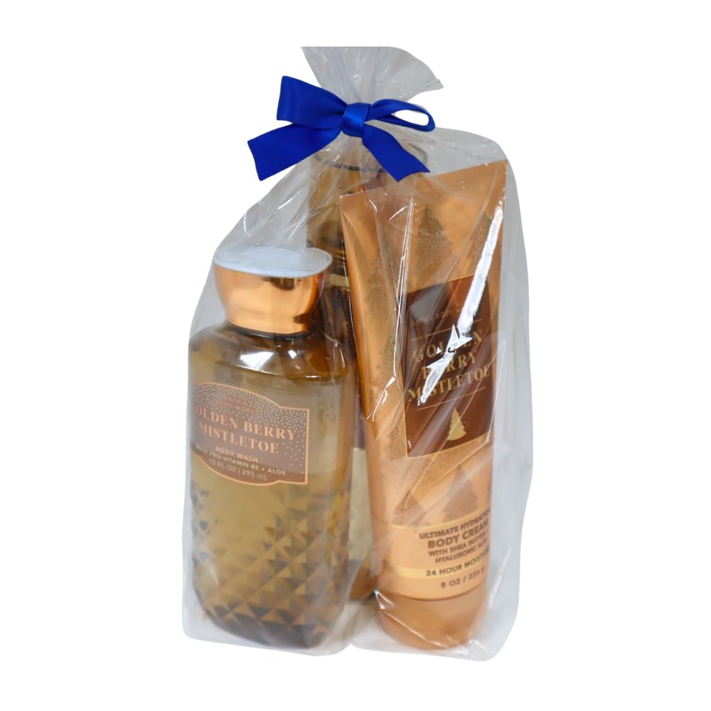 Bath & Body Works GOLDEN BERRY MISTLETOE 3pc Gift Set with a Blue Bow for Holidays & Gifts - Mist, Body Cream & Body Wash - Full Size Beauty and Personal Care Bath & Body Works