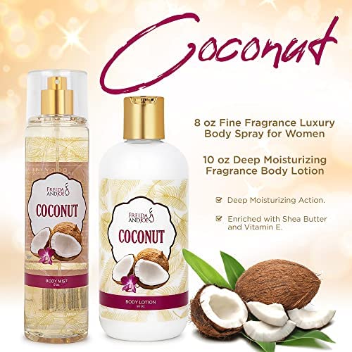 Home Spa Gift 10oz Deep Moisturizing Fragrance Body Lotion & 8 oz. Fine Fragrance Body Mist Set Luxury Self-Care Combo for Women and Girls (Coconut) Beauty & Personal Care Freida and Joe