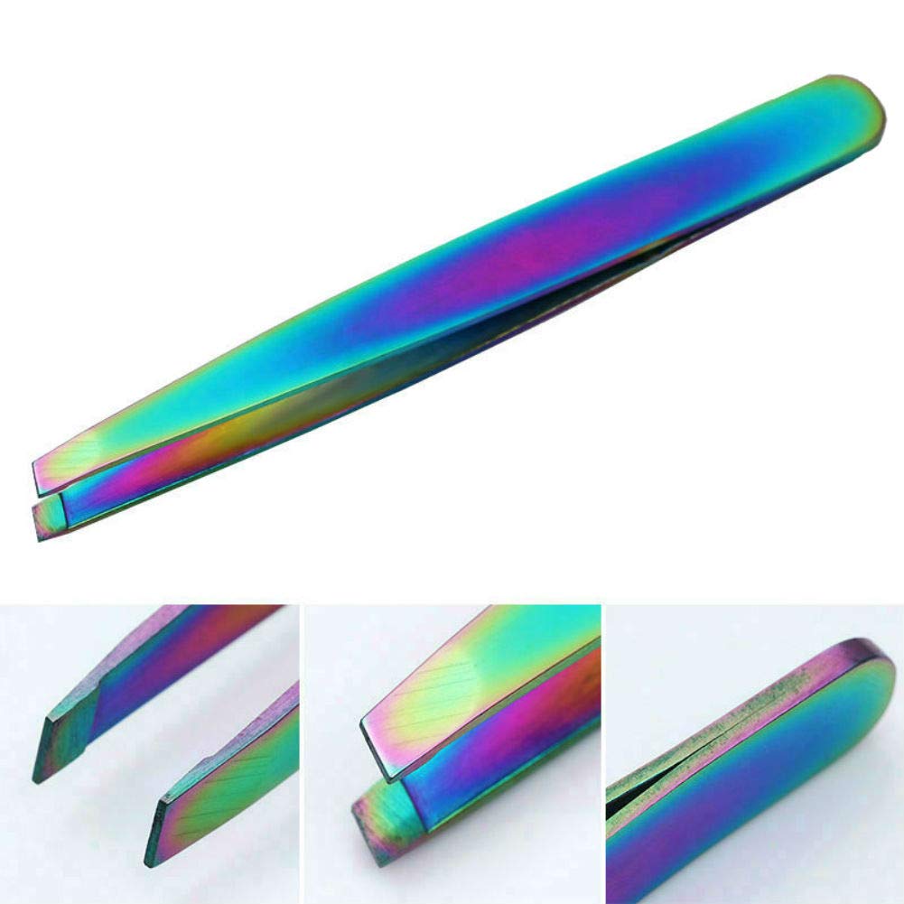 AKOAK 2 Pieces Rainbow Stainless Steel Slant Tip Eyebrow Tweezer and Eyebrow Scissor Facial Hair Removal Makeup Tool Beauty and Personal Care AKOAK