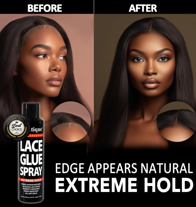 BELLATIQUE Lace Glue Spray (6.76 oz) - Extreme Hold. Edges Appear Natural, Humidity Resistant, Sweat Resistant, All Day Hold, Quick Drying, Flake