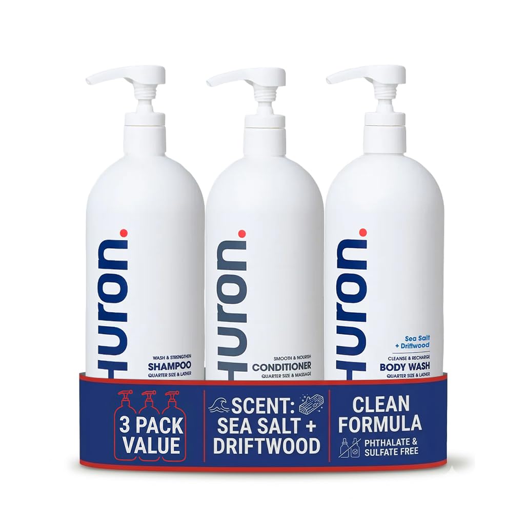 Huron Shower Kit for Men and Women - Shampoo, Conditioner & Body Wash with Sea Salt + Driftwood Scent, Hydrating, Phthalate-Free, non-toxic Beauty & Personal Care Huron
