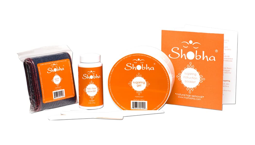 Shobha Sugaring Kit - Professional Salon Formula Hair Removal Kit - Sugaring Wax, Denim Strips, Pre-Waxing Powder & Plastic Reusable Spatulas - Gentle Beauty and Personal Care Shobha