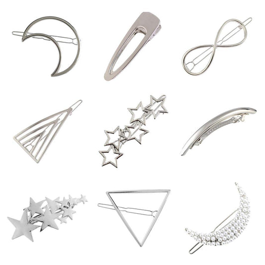 9 Pack Vintage Minimalist Bowknot Circle Moon Star Branch Pearl Metal Silver Hair Clips Hairpins Snap Barrettes Comb Claw Clamp Wedding Bridal Beauty & Personal Care Lawie