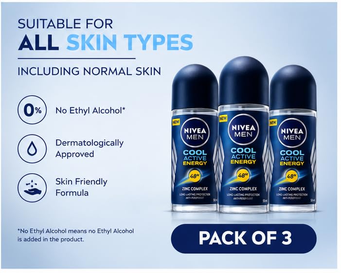 NIVEA Roll On Men Cool Active Energy 50 ml (Pack of 3) Formulated With Zinc Complex, Provides Long-lasting 48h Antiperspirant Protection for All Skin Beauty and Personal Care NIVEA