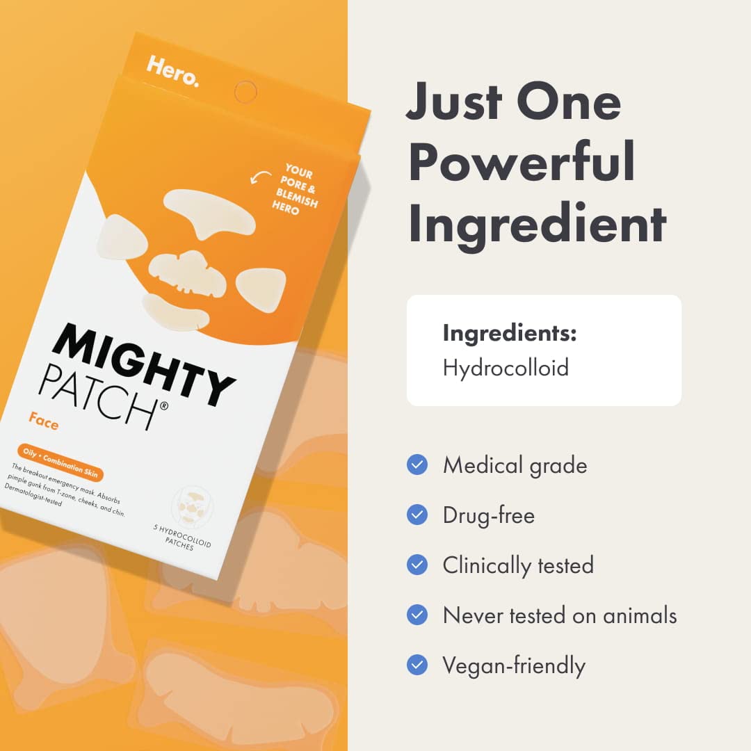 Hero Cosmetics Mighty Patch™ Face Patch - XL Hydrocolloid Face Mask for Acne, 5 Large Pimple Patches for Zit Breakouts on Nose, Chin, Forehead Beauty & Personal Care Mighty Patch