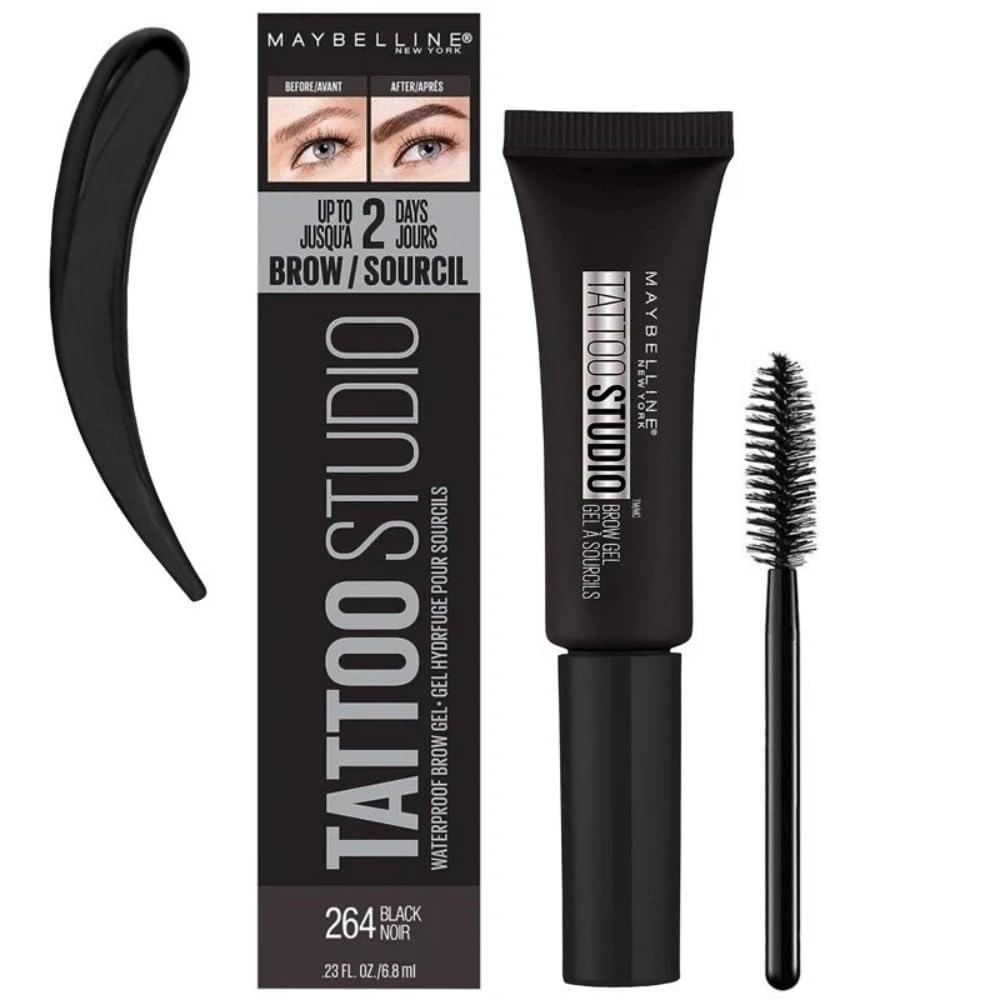 Maybelline TattooStudio Waterproof Eyebrow Gel Makeup, 264 BLACK, 1 Count