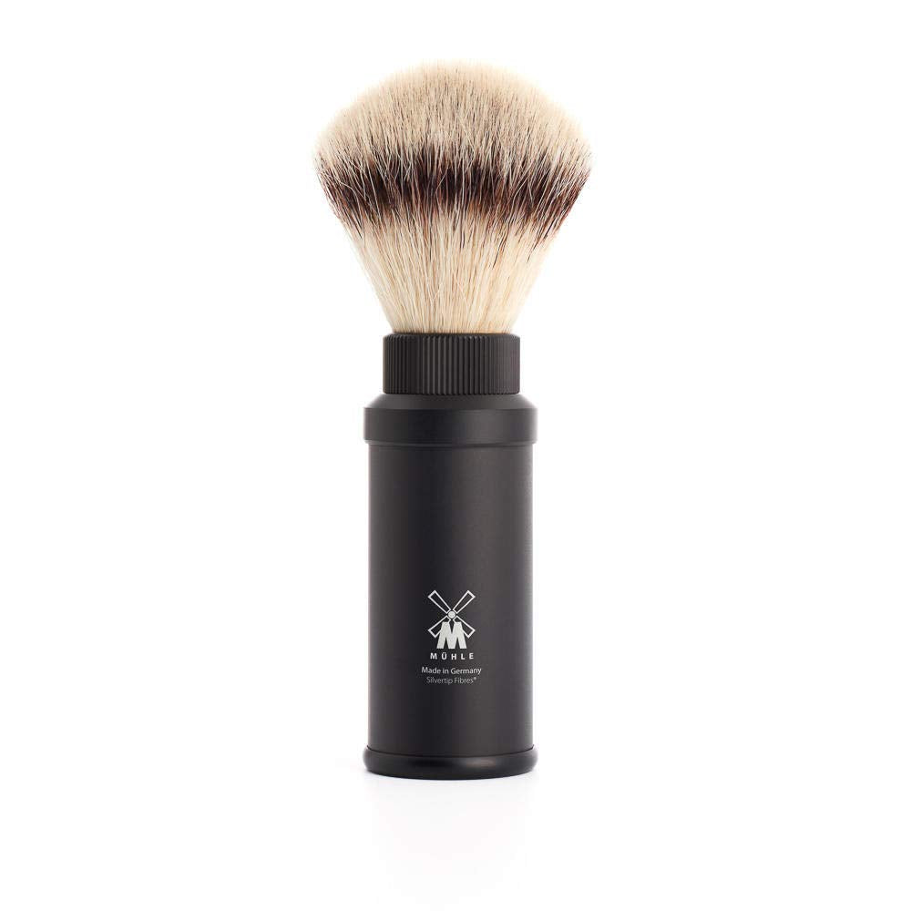 MÜHLE Travel Black Aluminum Silvertip Fibre Shaving Brush - Portable Synthetic Luxury Shave Brush for Men, Rich Lather Beauty and Personal Care MÜHLE