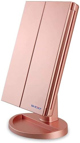 WEILY Makeup Mirror with 21 LED Lights,Two Power Supply, Touch Screen and 1x/2x/3x Magnification Tri-Fold Vanity Mirror for Makeup Desk(Rose Gold) Beauty & Personal Care WEILY