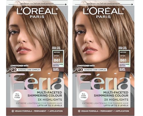 L'Oreal Paris Feria Multi-Faceted Shimmering Permanent Hair Color, B61 Downtown Brown, Hair Dye Kit, Pack of 2 Beauty & Personal Care L'Oreal Paris