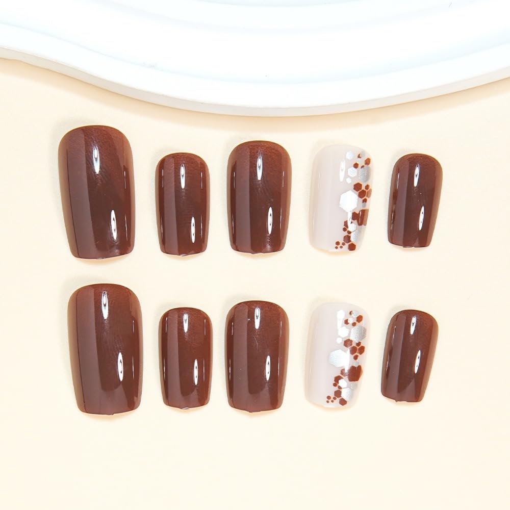 CTTHNBD Square Press on Nails Short - Brown Fake Nails with Silver Sequins Design - Glossy Full Cover Stick on False Nails for Women - 24 Pcs Beauty and Personal Care CTTHNBD