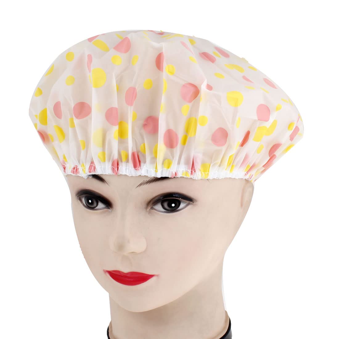 Ruilogod Elastic Hem Yellow Pink Dot Print Plastic Bathing Shower Cap for Ladies (id: fe3 4a2 837 b42 3c8 Beauty and Personal Care Ruilogod