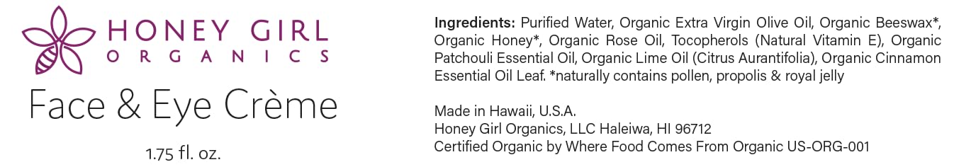 Honey Girl Organics Face & Eye Crème, USDA Certified Organic Facial Moisturizer & Under Eye Cream for Wrinkles, Dark Circles and Puffiness w/Hydrating Beauty & Personal Care Honey Girl Organics