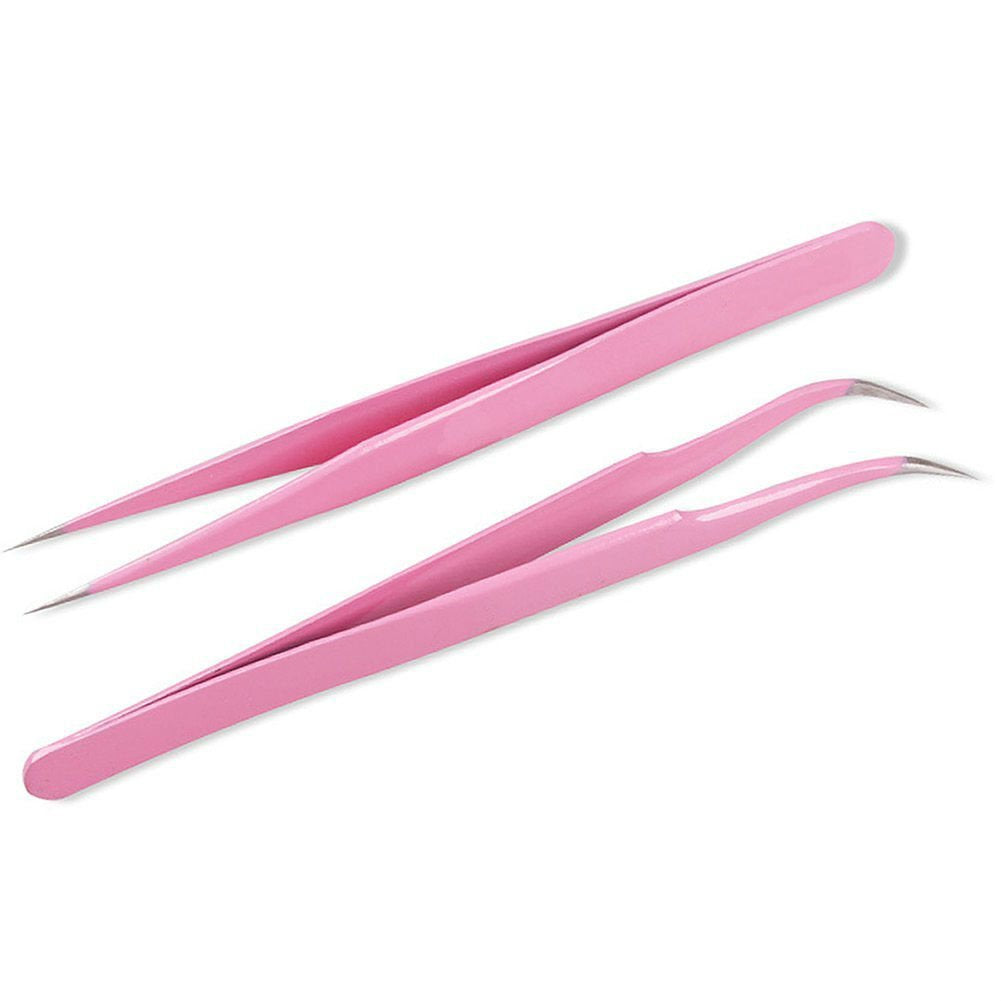 AKOAK 2 Pieces Stainless Steel Tweezers for Eyelash Extension - Straight and Curved Tip Tweezers - Pink Beauty and Personal Care AKOAK