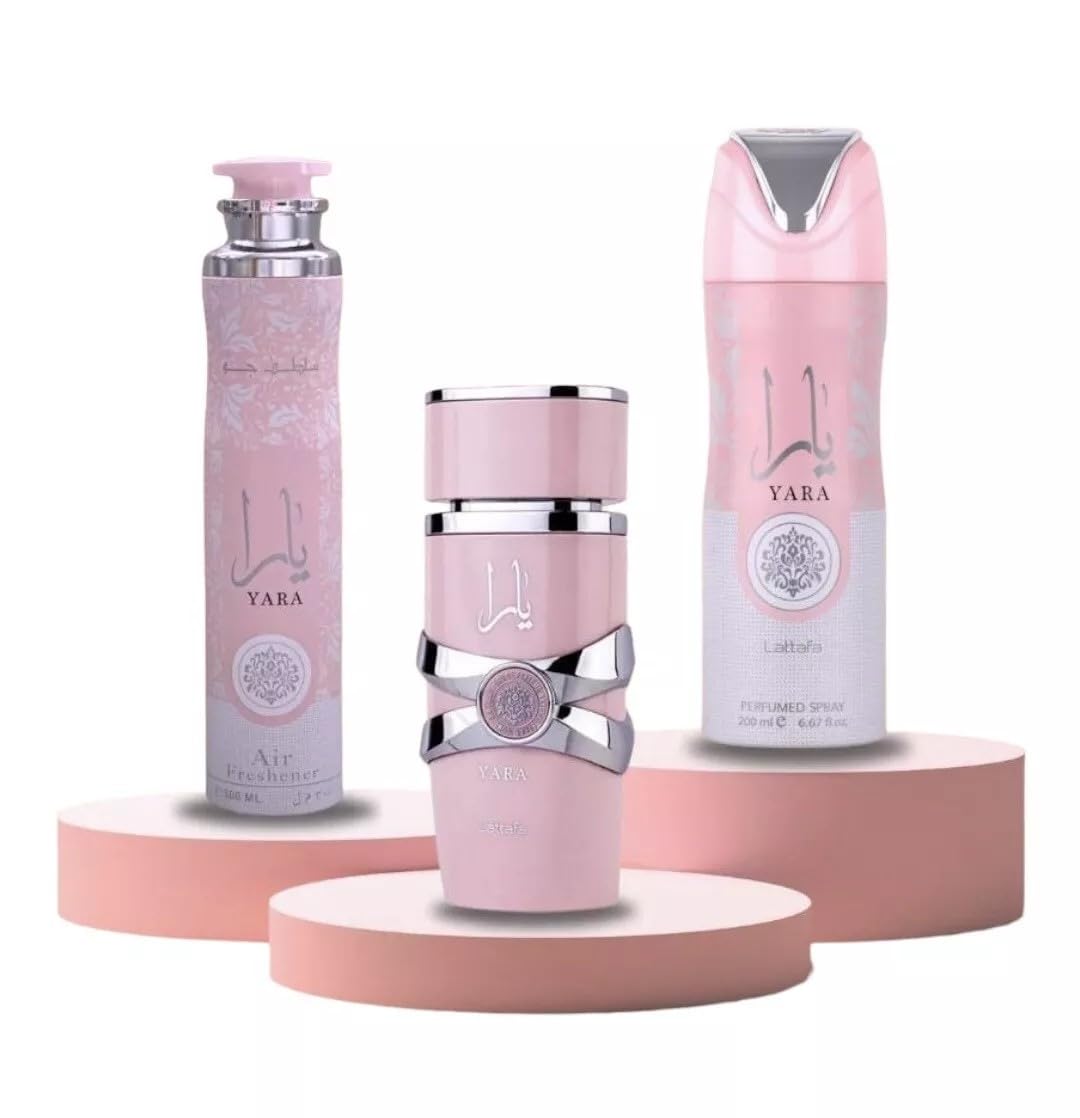Lattafa Yara Bundle - Eau De Parfum 100ml + Perfumed Body Spray 200ml + Air Freshener 300ml | Long-Lasting Floral Vanilla Scent for Women | Complete Beauty & Personal Care Lattafa