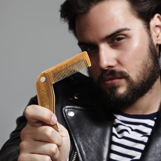 Folding Beard Comb w/Carrying Pouch for Men - All Natural Wooden Beard Comb w/Gift Box - Green Sandalwood Comb for Grooming & Combing Hair, Beards Beauty & Personal Care Viking Revolution