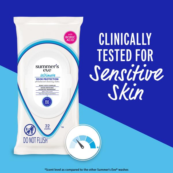 Summer’s Eve Ultimate Odor Protection Feminine Cleansing Wipes, Daily Intimate Cloths, with Boric Acid Complex, pH Balanced, Removes Odor, 32 Count Beauty and Personal Care Summer's Eve