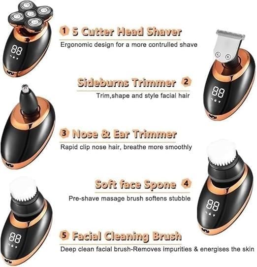 Electric Shavers for Men, 5 in 1 Electric Shaver for Men Beard Hair Trimmer Electric Razor 5D Floating 5 Blade Heads Electric Nose Hair Trimmer LCD Beauty and Personal Care YREAJZVS