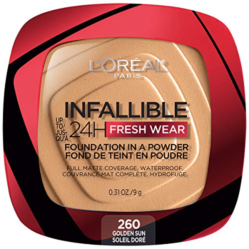 L'Oreal Paris Makeup Infallible Fresh Wear Foundation in a Powder, Up to 24H Wear, Waterproof, Golden Sun, 0.31 oz. (Packaging May Vary)