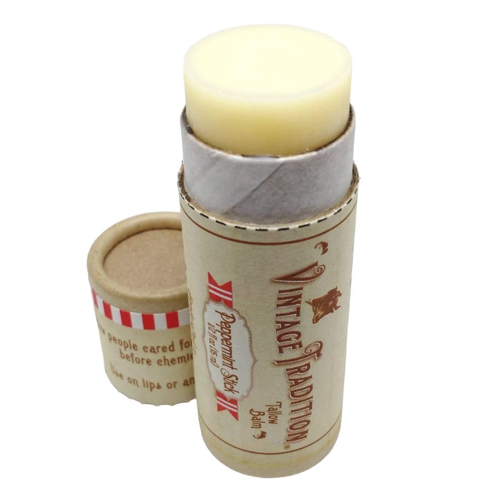 Vintage Tradition Moisturizing Beef Tallow Lip Balm - Tube Lip Moisturizer with Peppermint Essential Oil Hydrates & Soothes Dry Lips - Grass-Fed Beauty & Personal Care Vintage Tradition