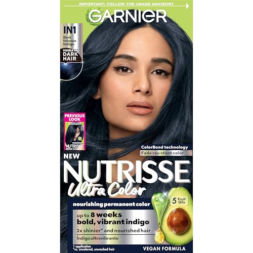 Garnier Hair Color Nutrisse Ultra Color Nourishing Creme, IN1 Dark Intense Indigo (Midnight Iris) Blue Permanent Hair Dye, 1 Count (Packaging May Beauty & Personal Care Garnier