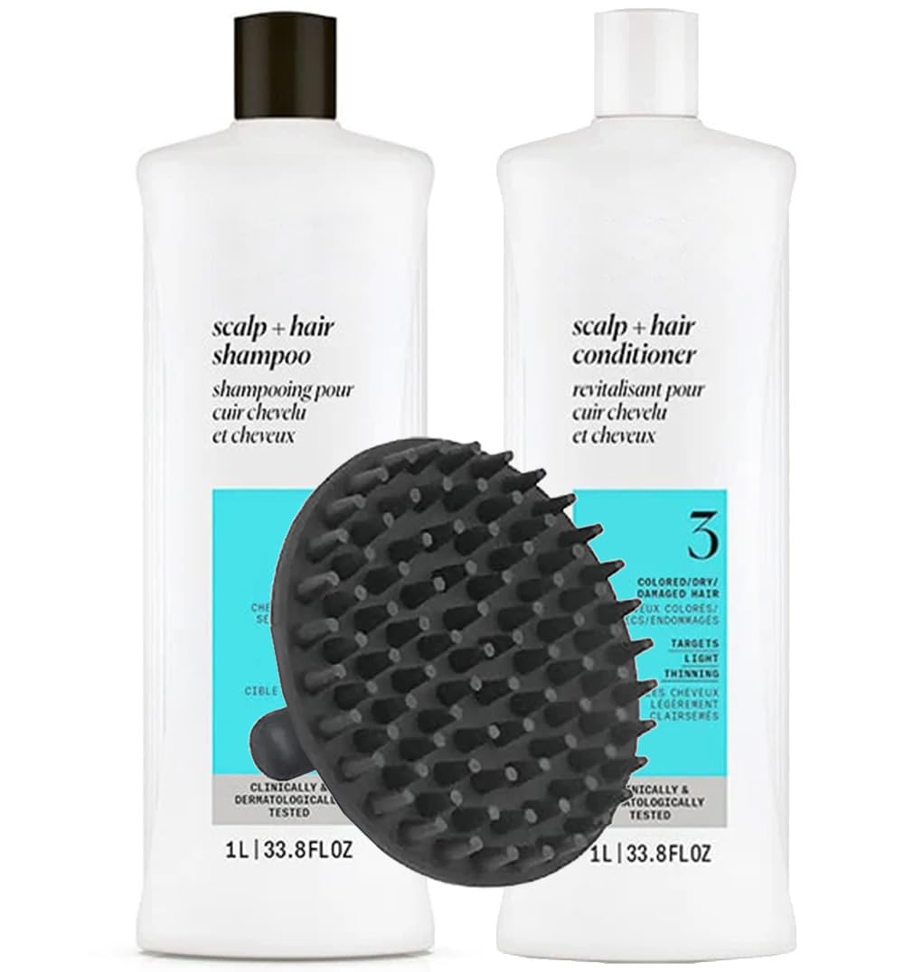 System 3 Cleanser Shampoo & Scalp Therapy Conditioner 1 Liter Duo Set for Chemically Treated Hair with Light Thinning + M Hair Designs Scalp Brush Beauty & Personal Care M Hair Designs