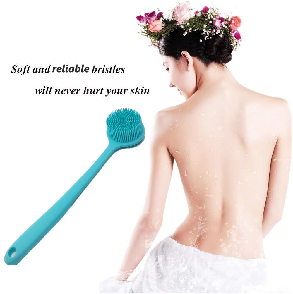 Long Handle Silicone Body Scrubber for Shower, Dual-Sided Back Scrubber Brush with Soft Bristles&Massage Nodes, Exfoliating Bath Brush for Hard Beauty and Personal Care Cinlitek
