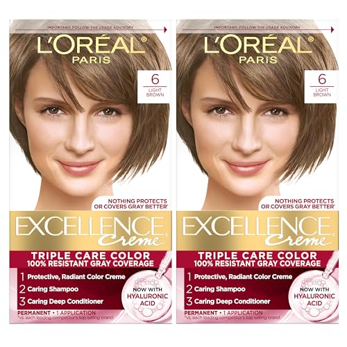 L'Oreal Paris Excellence Crème Permanent Hair Dye, Triple Care Hair Color with Hyaluronic Acid for 100% Gray Coverage, 6 Light Brown, 1 Kit (Pack Beauty & Personal Care L'Oreal Paris