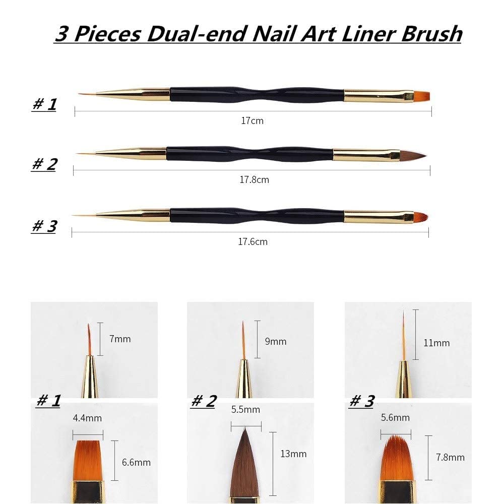 FULINJOY 3 Pcs Nail Drawing Pen, Dual End Nail Art Pen Brush Acrylic Round Flat Painting Drawing Liner Nail Tools Beauty & Personal Care FULINJOY