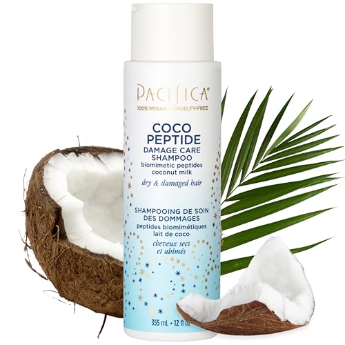 Pacifica Coco Peptide Damage Care Shampoo - Repairing Sulfate-Free Shampoo for Damaged Hair, Split Ends & Breakage, w/Collagen & Peptides