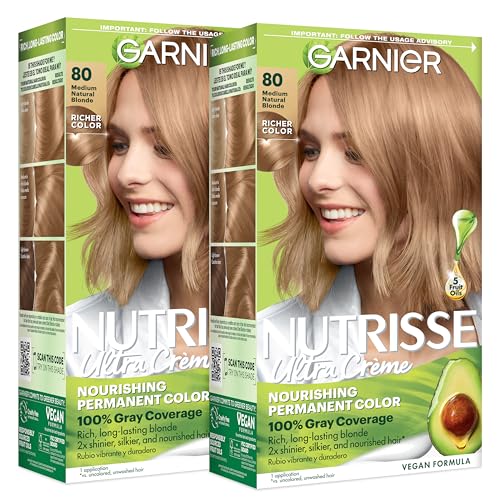 Garnier Nutrisse Ultra Crème Hair Color, Permanent Hair Dye with 100% Gray Coverage, Vegan & Cruelty-Free, 80 Medium Natural Blonde (Butternut), 2 Beauty & Personal Care Garnier