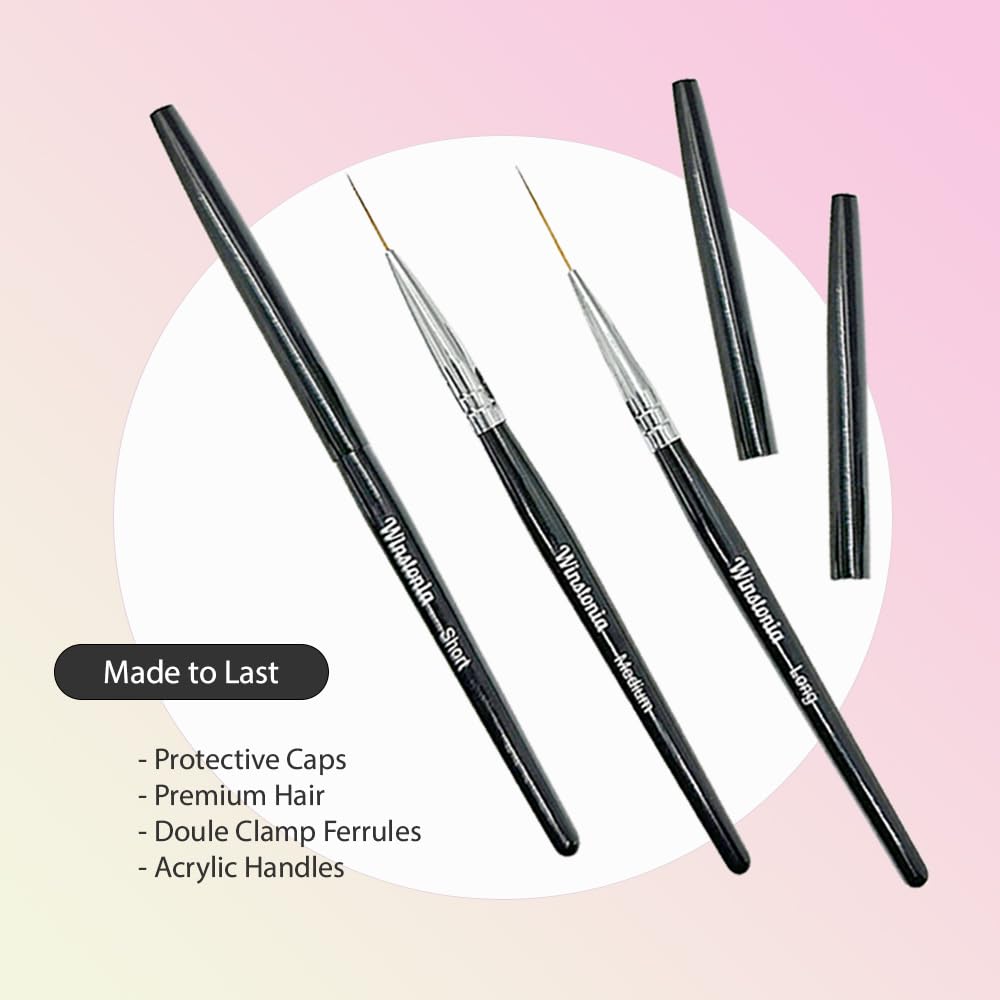 Winstonia Striping Nail Art Brushes for Long Lines, Details, Fine Designs. 3 pcs Striper Brushes with Caps - AMAZING TRIO Beauty & Personal Care Winstonia