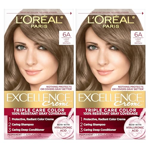 L'Oreal Paris Excellence Crème Permanent Hair Dye, Triple Care Hair Color with Hyaluronic Acid for 100% Gray Coverage, 6A Light Ash Brown, 1 Kit (Pack Beauty & Personal Care L'Oreal Paris